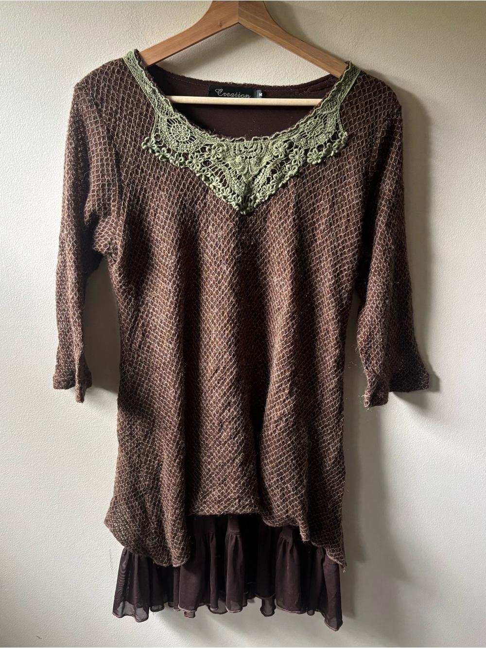 Creation Brown Knit Sweater with Olive Lace Trim